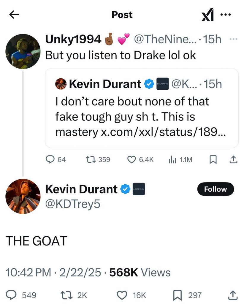 粉丝搞事情，杜兰特依然力挺Drake为“史上最佳”