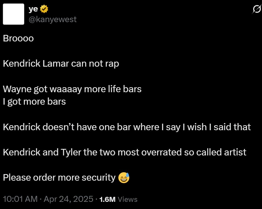 Ye炮轰：Kendrick 和Tyler The Creator不会Rap