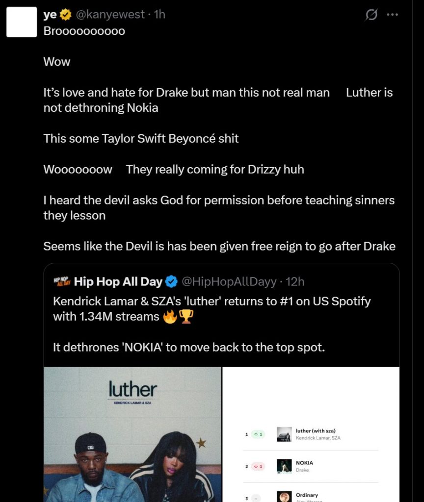 Ye评价Kendrick的luther取代Nokia：Luther不可能真正把NOKIA拉下王座