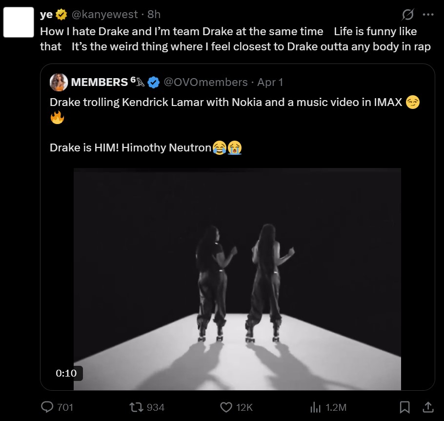 Ye：我既讨厌 Drake，又支持 Drake。生活就是这么有趣。