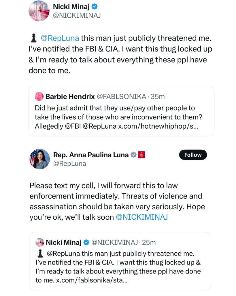 Nicki Minaj被TDE成员威胁,已通知FBI和CIA,联系国会议员 Nicki Minaj被TDE成员威胁,已通知FBI和CIA,联系国会议员