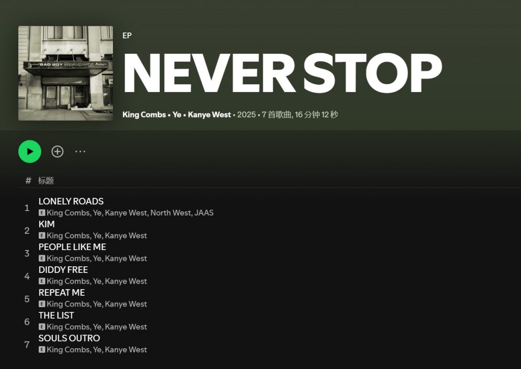 Ye和Diddy儿子King Combs合作惊喜专辑NEVER STOP