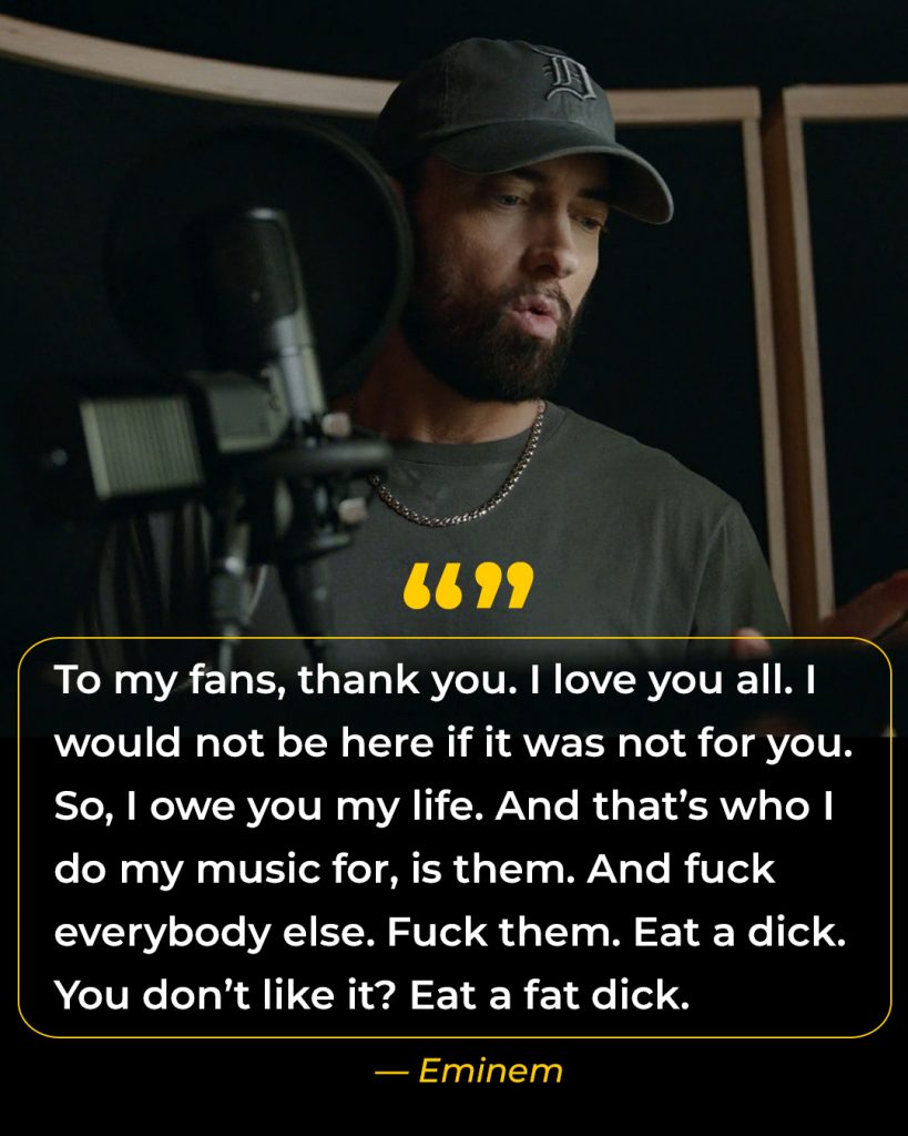 Eminem真情流露：“我只为我歌迷做歌，那些不喜欢的，去吃屎吧”