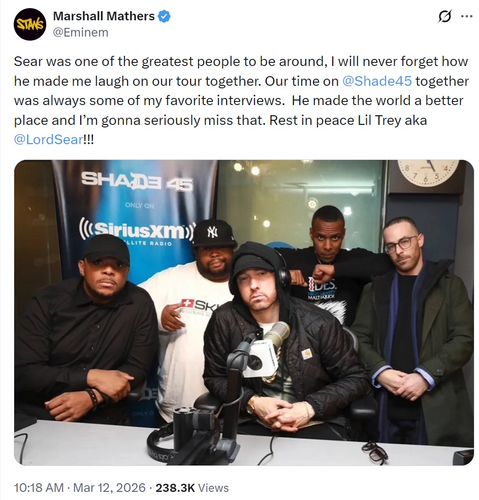 Eminem又失去了一个DJ，他亲自在X上悼念！