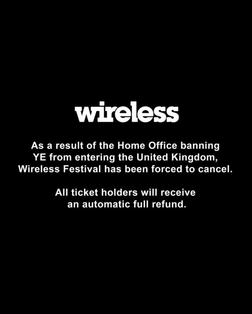 Ye再次被封杀，英国限制入境最大音乐节取消