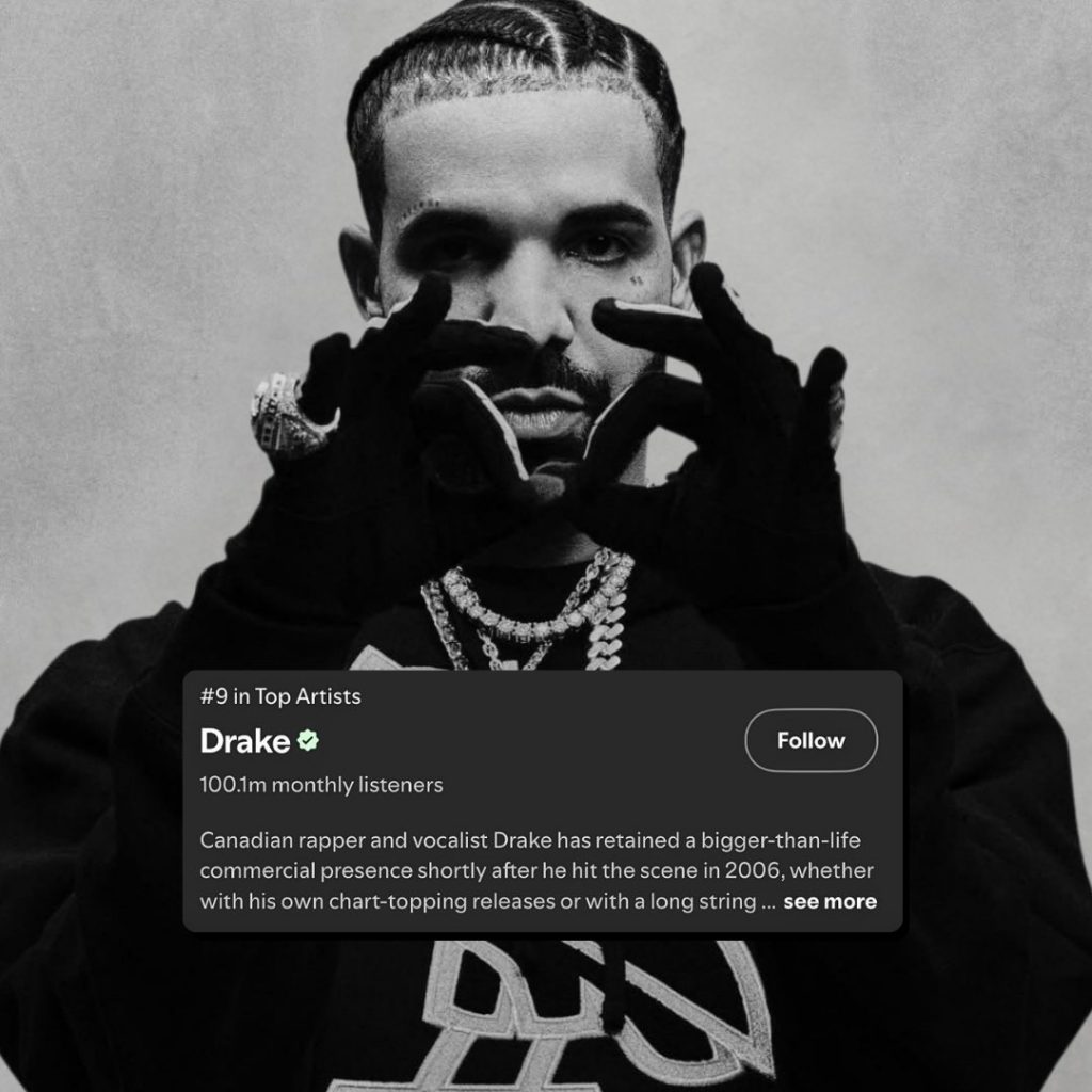 Drake的月听众量正式突破1亿人